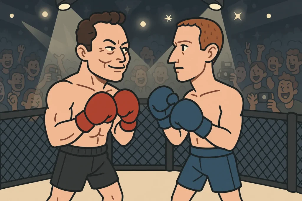 Cartoon of Elon Musk and Mark Zuckerberg ready for a boxing match.